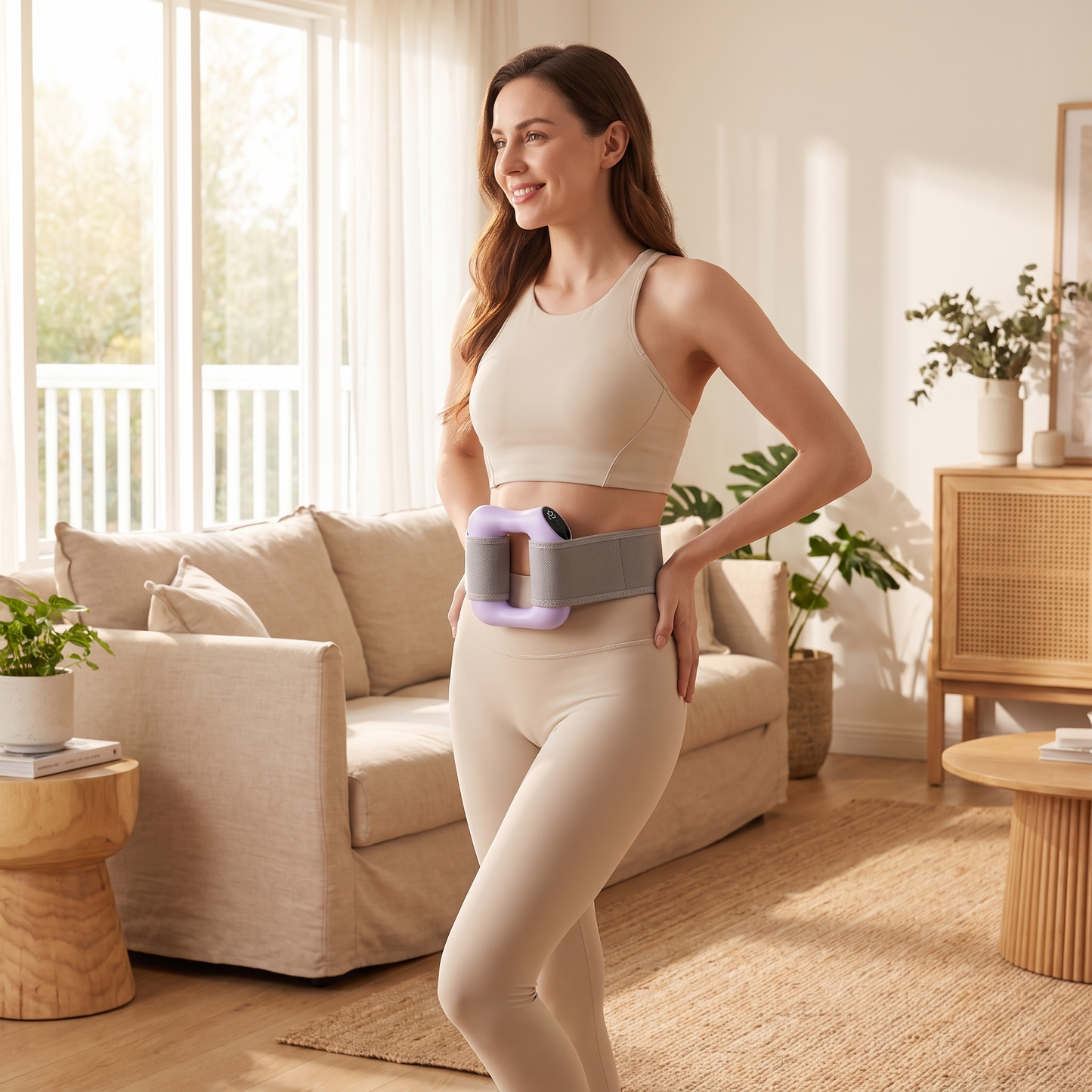 Woman wearing the SculptRing fascia massager around her waist at home