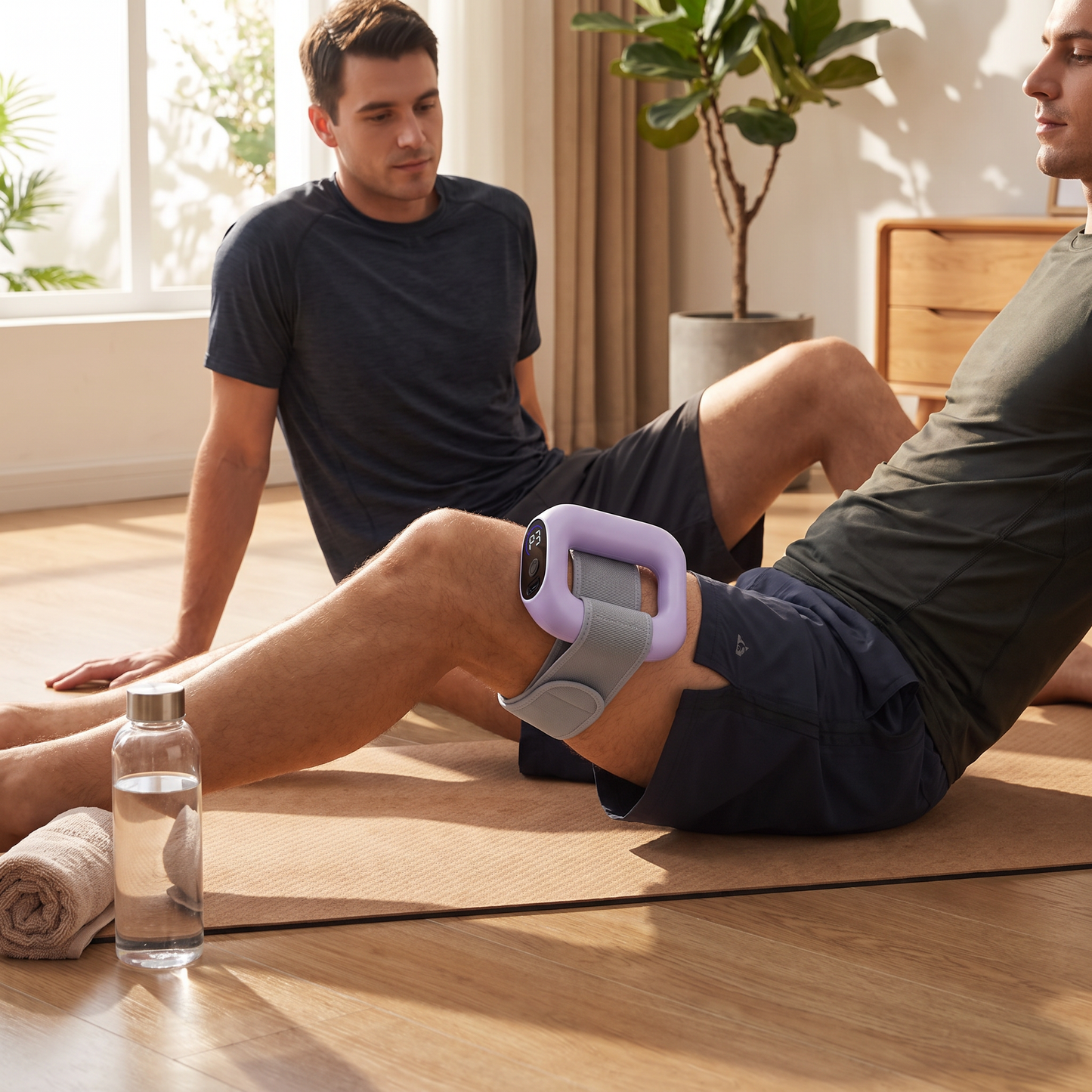 Man using the SculptRing massager on his thigh after a workout