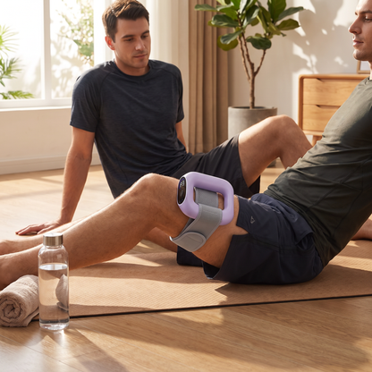 Man using the SculptRing massager on his thigh after a workout