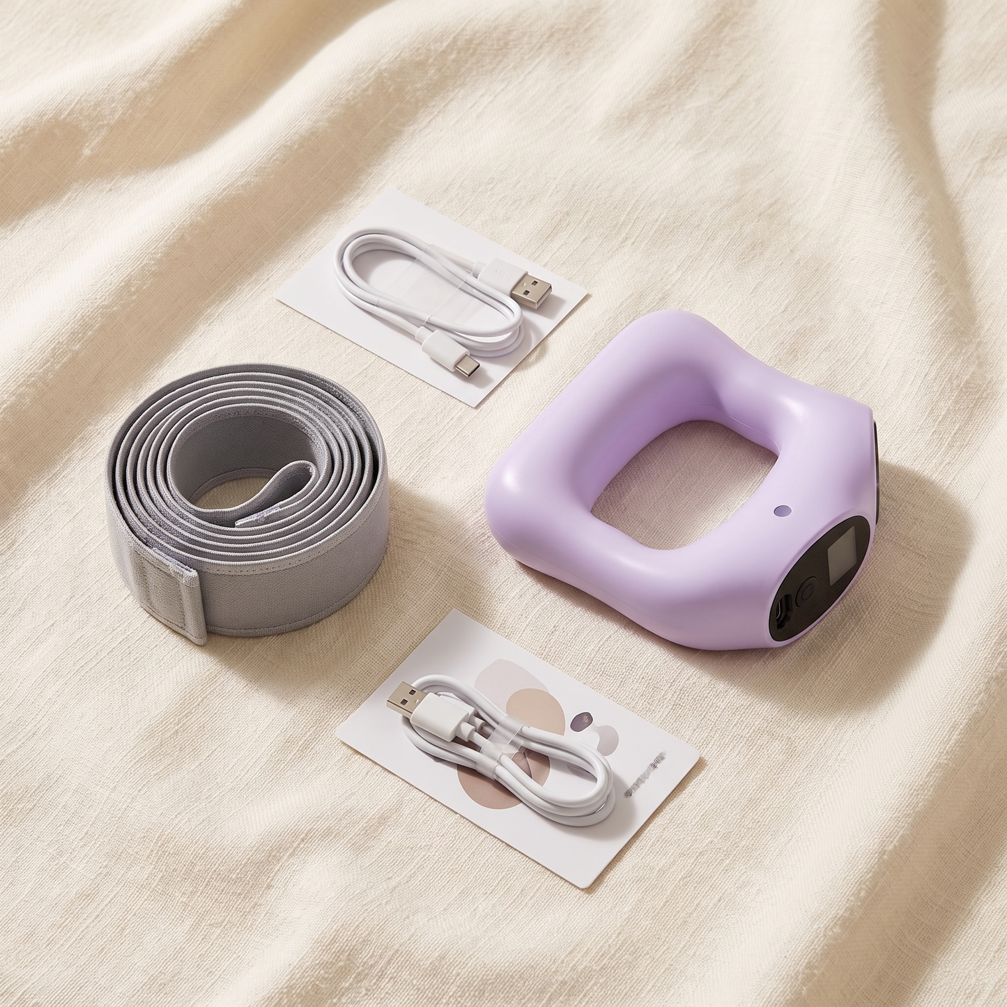SculptRing unboxing flat lay with belt and USB-C cable on linen