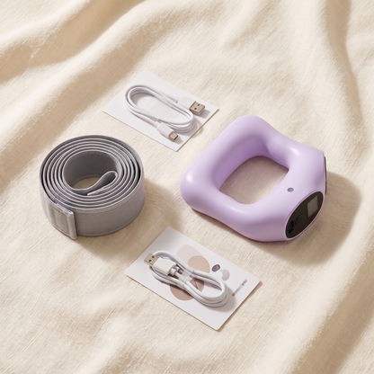 SculptRing unboxing flat lay with belt and USB-C cable on linen