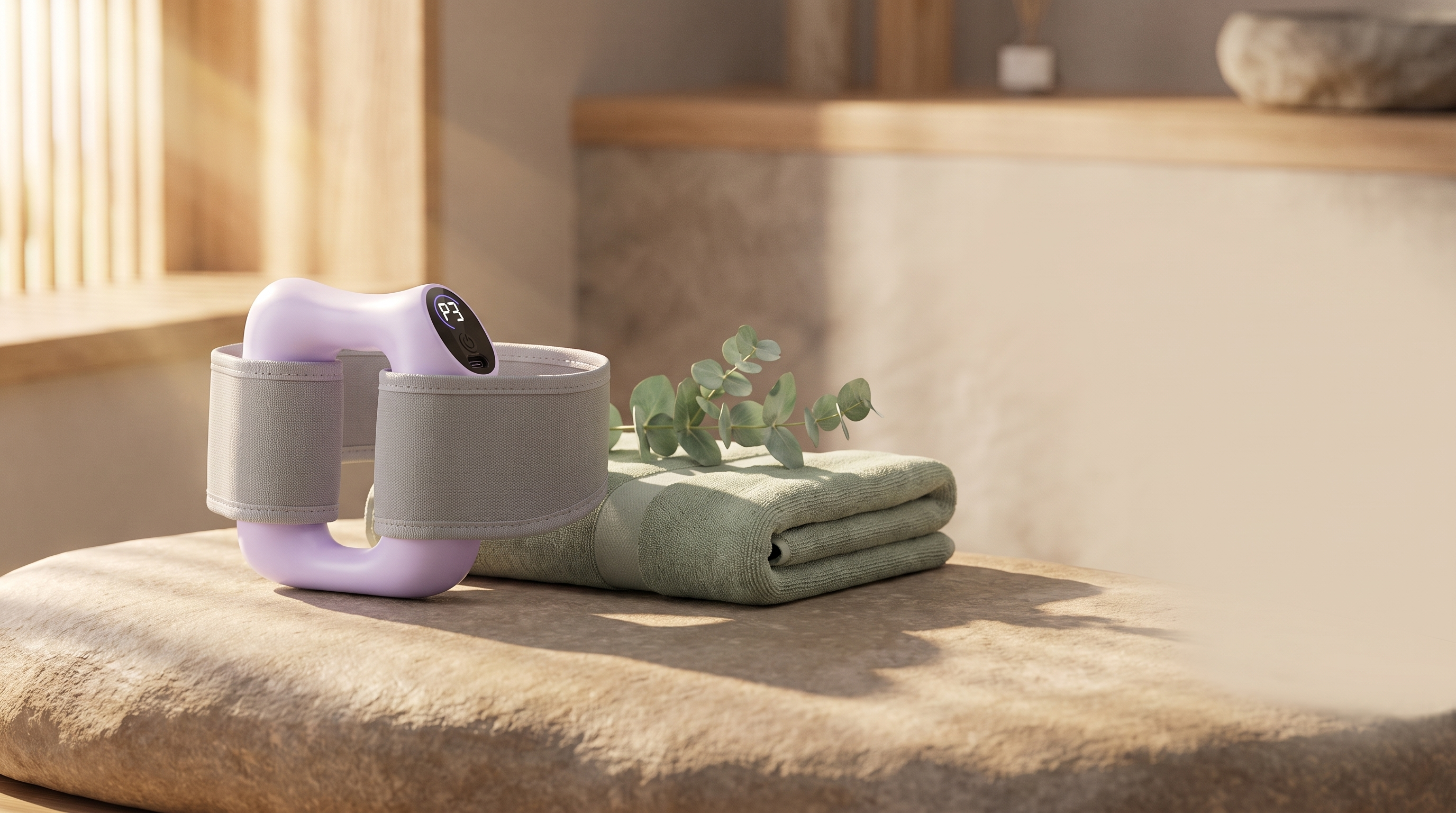 SculptRing fascia massager on stone surface with sage towel - Mindluy hero banner